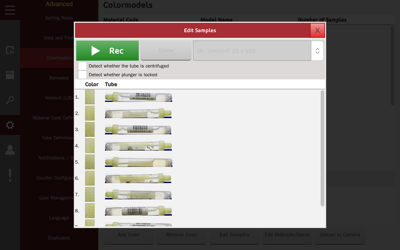 Screenshot demonstrating the active teach in mode of the SortPro Tube Sorter