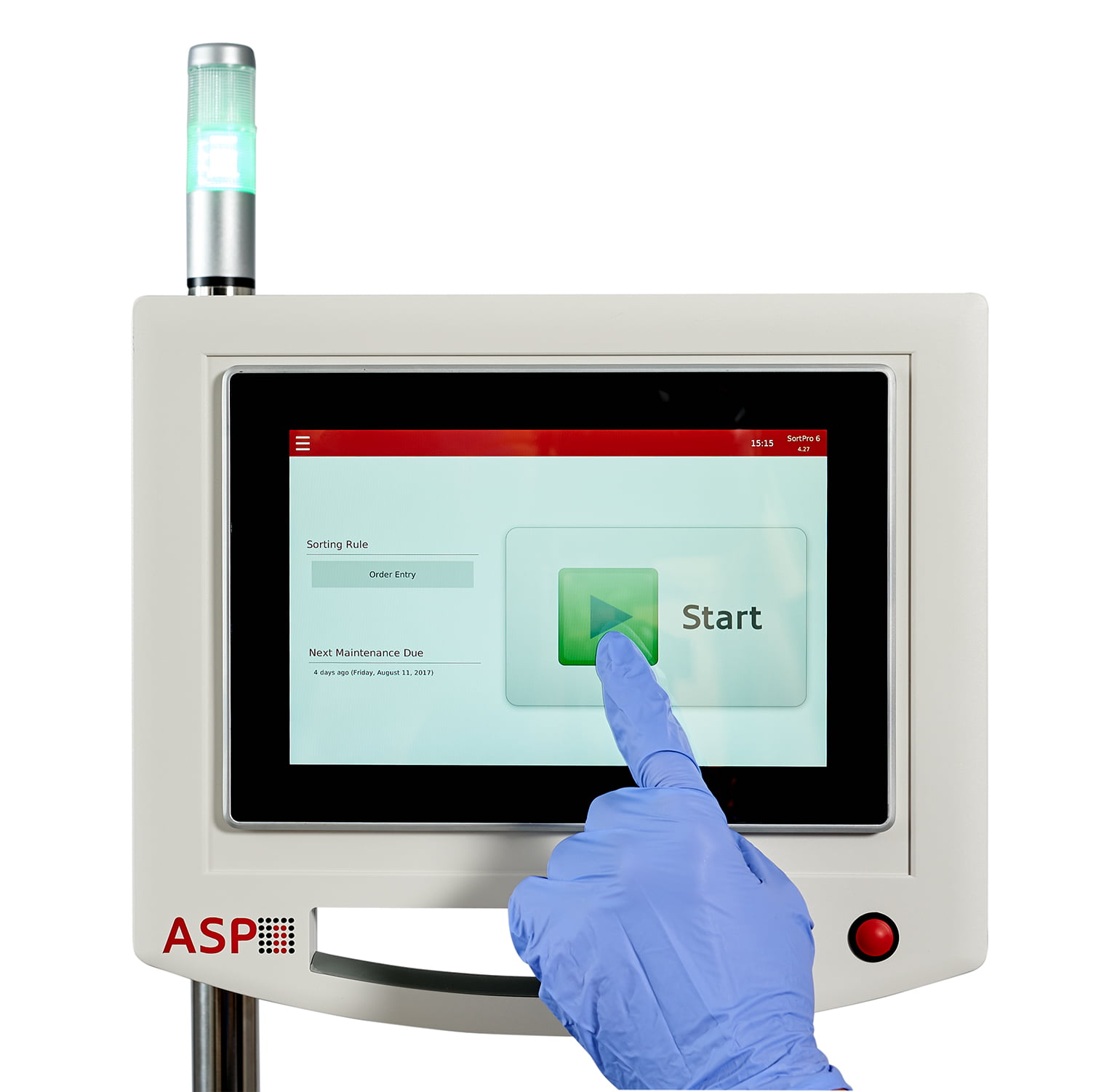 Picture shows a hand with blue medical gloves touching the start button on the digital screen of ASP SortPro Tubesorter