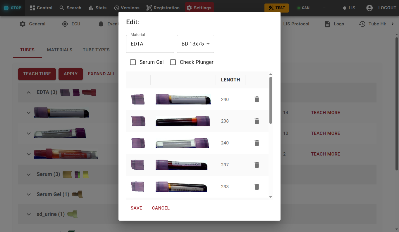 Screenshot demonstrating the active teach in mode of the SortPro Tubesorter