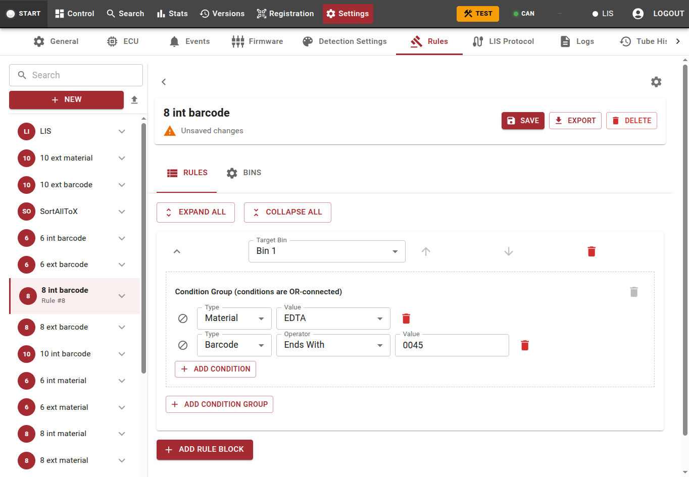 Picture of the user interface of ASP SortPro Sorting Rules editing mode