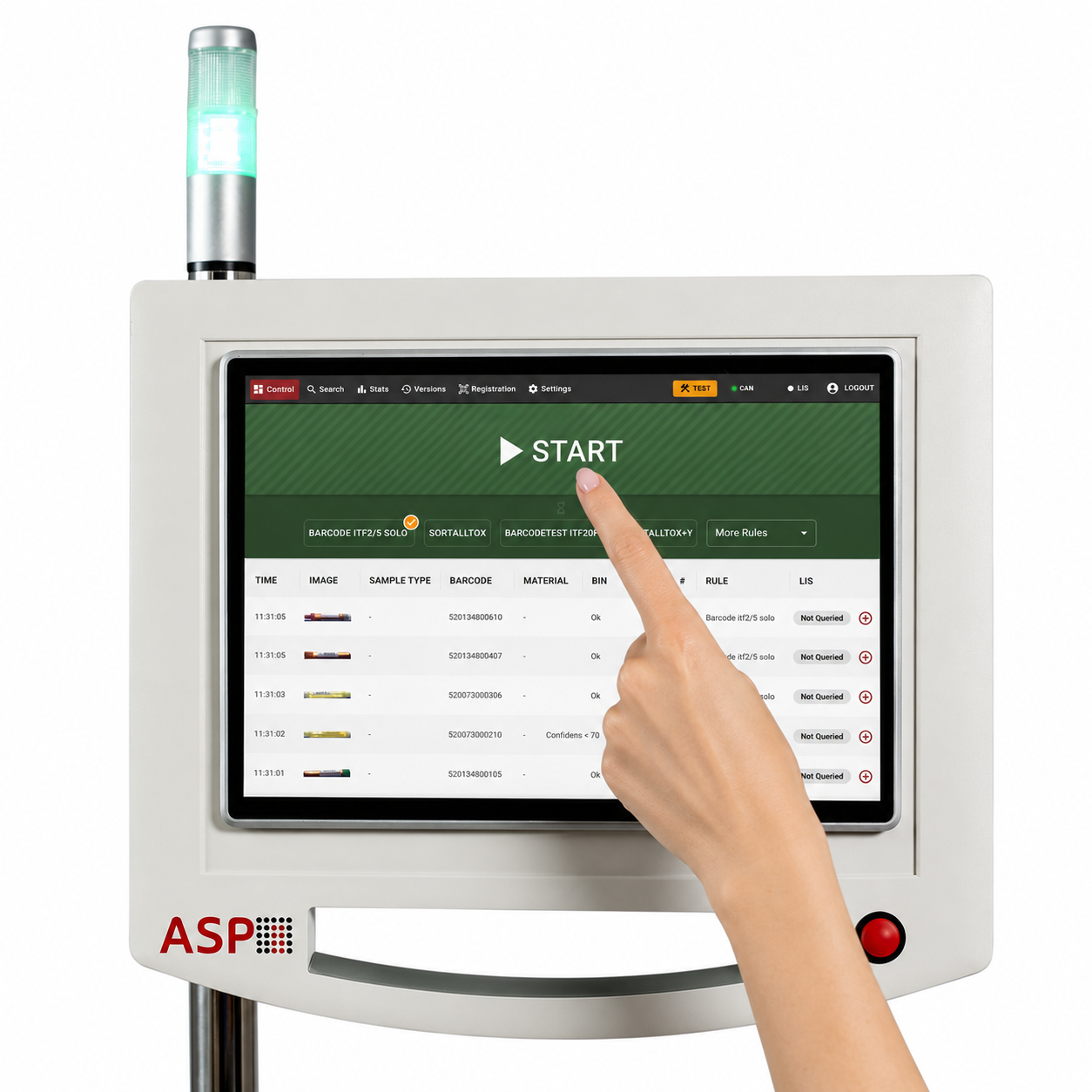 Picture shows a hand with blue medical gloves touching the start button on the digital screen of ASP SortPro Tubesorter